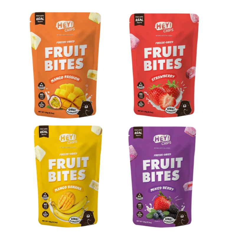 Hey! Chips Fruit Bites | 4 Flavours | Mixed Berry, Mango Passion, Mango Banana, Strawberry