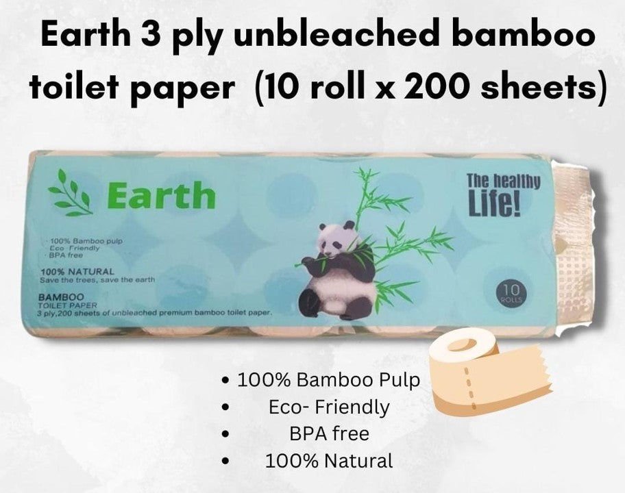 (Bundle of 2) Earth 3 ply unbleached bamboo toilet paper 10 roll x 200 sheets